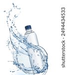 Bottle of water and splashes in air on white background