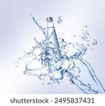 Bottle of water and splashes in air on light background