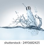 Bottle of water and splashes on light background