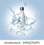 Bottle of water and splashes on light blue background