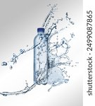 Bottle of water and splashes on light background