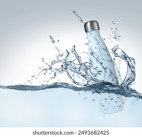 Bottle of water and splashes on light background