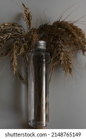 Bottle of wheat juice with dry wheat ears on white table. bottle of wheat water with wheat ears on a white background.