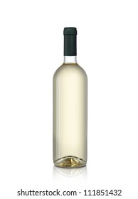 Bottle Of White Wine On Isolated Reflective White Background