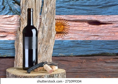 Bottle Of Wine With Argentina Flag In The Background