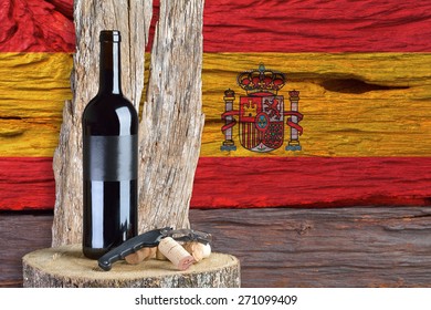 Bottle Of Wine With Of Spain Flag In The Background