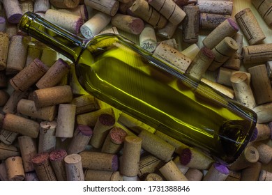 A Bottle Of Wine Without A Label Lies On A Large Number Of Wine Corks. Cork Tree And Its Texture For Background