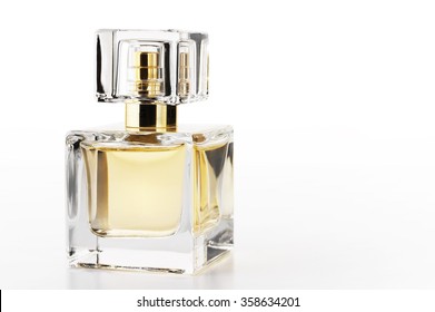 Bottle of woman perfume on white background.