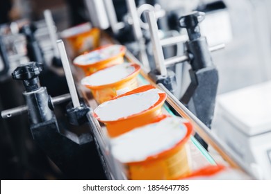 Bottle of yoghurt on automated conveyor line, process of milk filling and packaging, Dairy production.