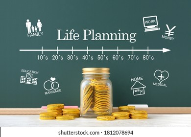Bottled coins and life planning scale and life event pictograms drown on blackboard