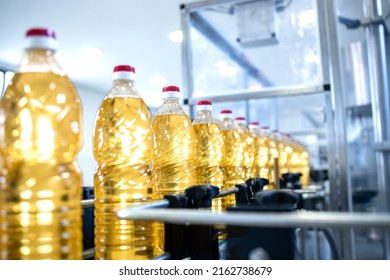 Bottled vegetable oil on conveyor automated machine being produced in food production plant.