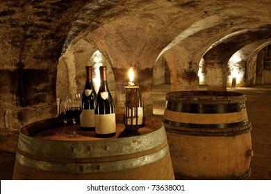 bottles in ambiance in an old cellar in burgundy in france