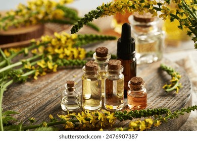 Bottles of aromatherapy essential oil with fresh blooming agrimony or sticklewort plant