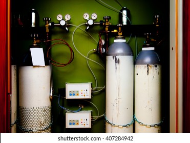 Bottles And Controls Of A High Pressure Gas Station For Medical Gases.