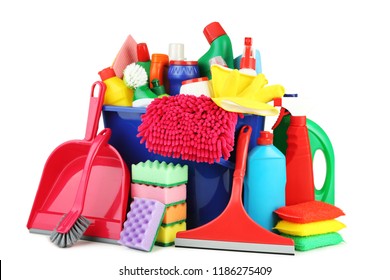 Bottles with detergent and cleaning tools on white background - Powered by Shutterstock