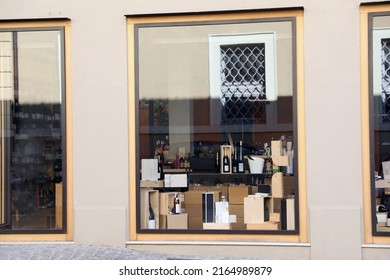 Bottles Of Different Alcohol In Wine Shop, View Through Window