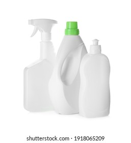 Bottles Of Different Cleaning Products On White Background