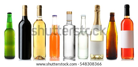 Bottles with different drinks on white background