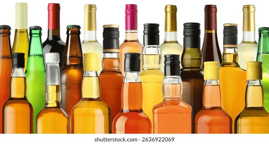 Bottles with different types of alcoholic drinks on white background, set