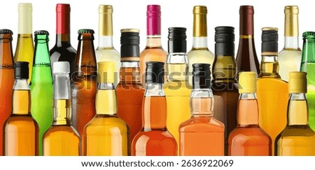 Bottles with different types of alcoholic drinks on white background, set