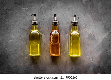 Bottles Of Different Types Cooking Oil. Sunflower Olive And Sesame Oil