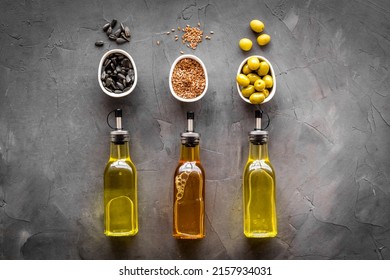 Bottles Of Different Types Cooking Oil. Sunflower Olive And Sesame Oil