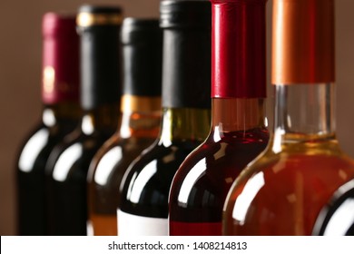 Bottles Of Different Wines, Closeup. Expensive Collection