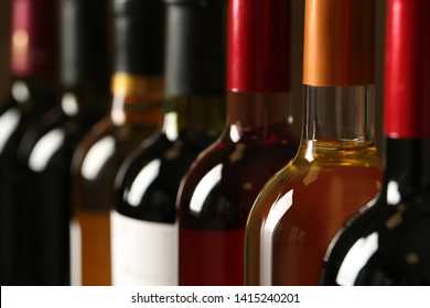 Bottles Of Different Wines, Closeup. Expensive Collection