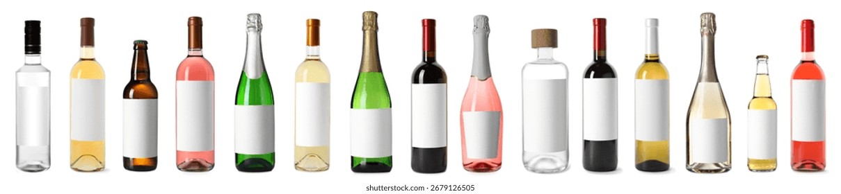 Bottles with empty labels isolated on white, set. Alcoholic drinks