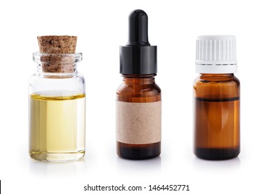 Bottles With Essential Oil Isolated On White Background. Dropper Bottle. With Clipping Path.