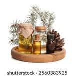 Bottles of essential oil with pine cone and fir branch on white background