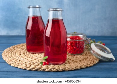 Bottles With Goji Juice On Wicker Mat