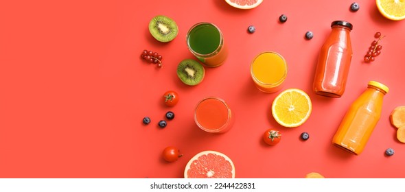 Bottles with healthy juice, fruits, berries and vegetables on red background with space for text