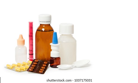 Bottles with medicine, nasal spray. Cough syrup, antipyretic syrup and nose drops on white background. Medication for cold treatment, copy space, template. - Shutterstock ID 1037175031