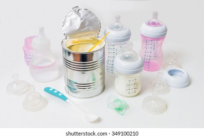 Bottles And Teats For Feeding Newborn With Milk Formula.
