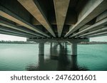 the bottom of a bridge or bridge support pillars that are in water