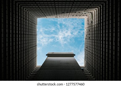 Bottom View Of Abstract Tunnel Corridor Stack Building With Symmetry Layer And Sky Background