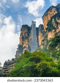 Bottom view of the Bailong Elevator (Hundred Dragons Elevator) in the Tianzi Mountains (Avatar Mountains), the Zhangjiajie National Forest Park, China. The elevator is the world's tallest outdoor lift