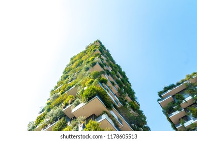 Bottom view of the Bosco Verticale building in Milan, Italy