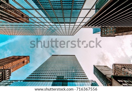 Bottom view of business buildings skyscrapers in New York