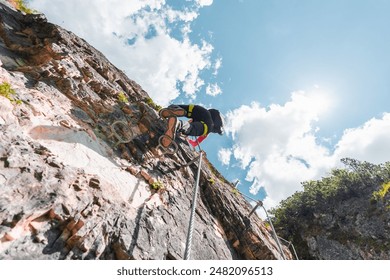 Bottom View Up a Climbing Path with Steps of a Via Ferrata Climbing Path
