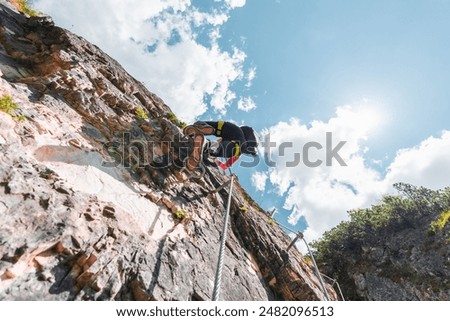 Bottom View Up a Climbing Path with Steps of a Via Ferrata Climbing Path