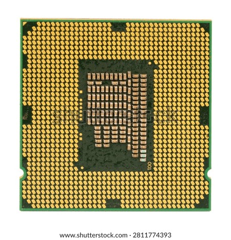 Bottom View of Computer CPU Processor with Gold Contact Pads Isolated on Transparent Background