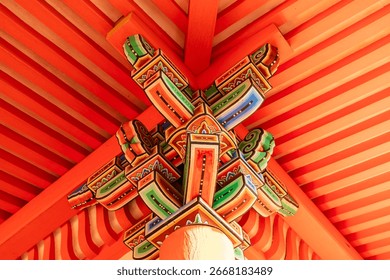 The bottom view of corner at traditonal red japanese temple roof. Kiyomizudera Temple, Kyoto, Japan 