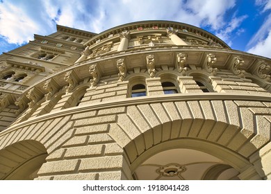 Bottom View Of Details Of Parliament Building Or Bundeshausthe Houses The Swiss Federal Assembly And The Federal Council. Landmark Of Historical Old Town Bern, Capital Of Switzerland. Bern Canton.