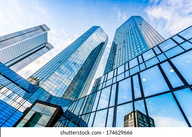 Bottom view of Deutsche Bank Twin Towers in the central business district of Frankfurt am Main, Germany. Frankfurt is the largest financial centre in Europe.