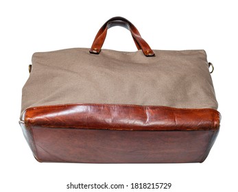 Bottom View Of Handcrafted Travel Handbag Made From Leather And Canvas Tarp Isolated On White Background