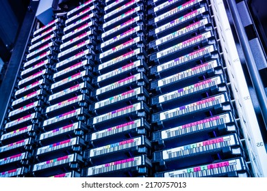 bottom view of hard disk cluster inside a rack - data storage co - Shutterstock ID 2170757013