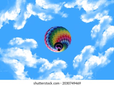 Bottom View Of Hot Air Balloon Flying In The Clouds. For Stretch Ceiling Decoration.