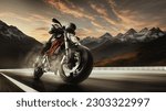 Bottom view image of man, professional motorbike rider on road, riding with high speed around mountains on sunset. 3D render background. Concept of motosport, speed, hobby, journey, activity